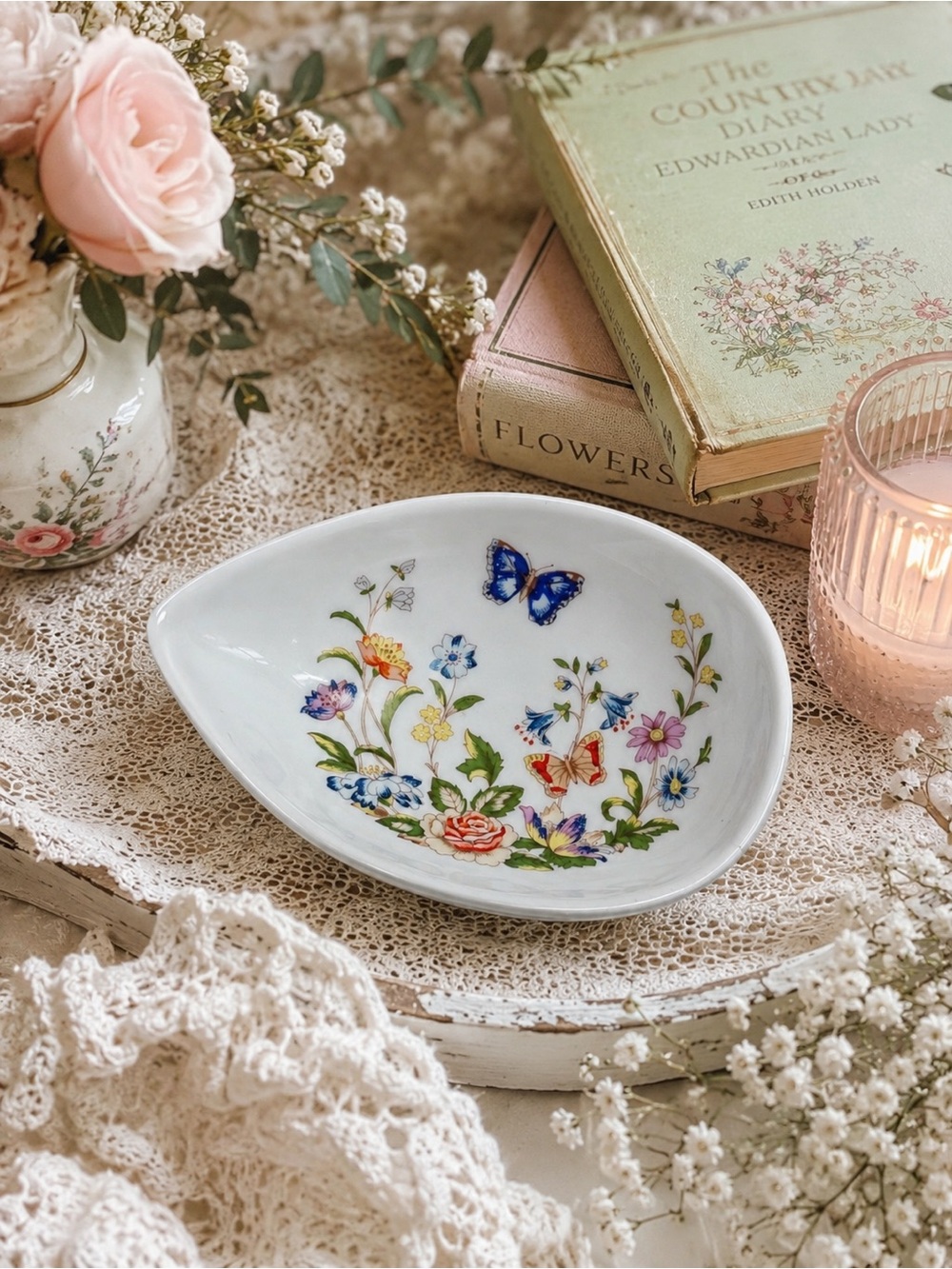 Aynsley Cottage Garden Trinket Dish Butterfly Floral Bone China Dish Ring Holder